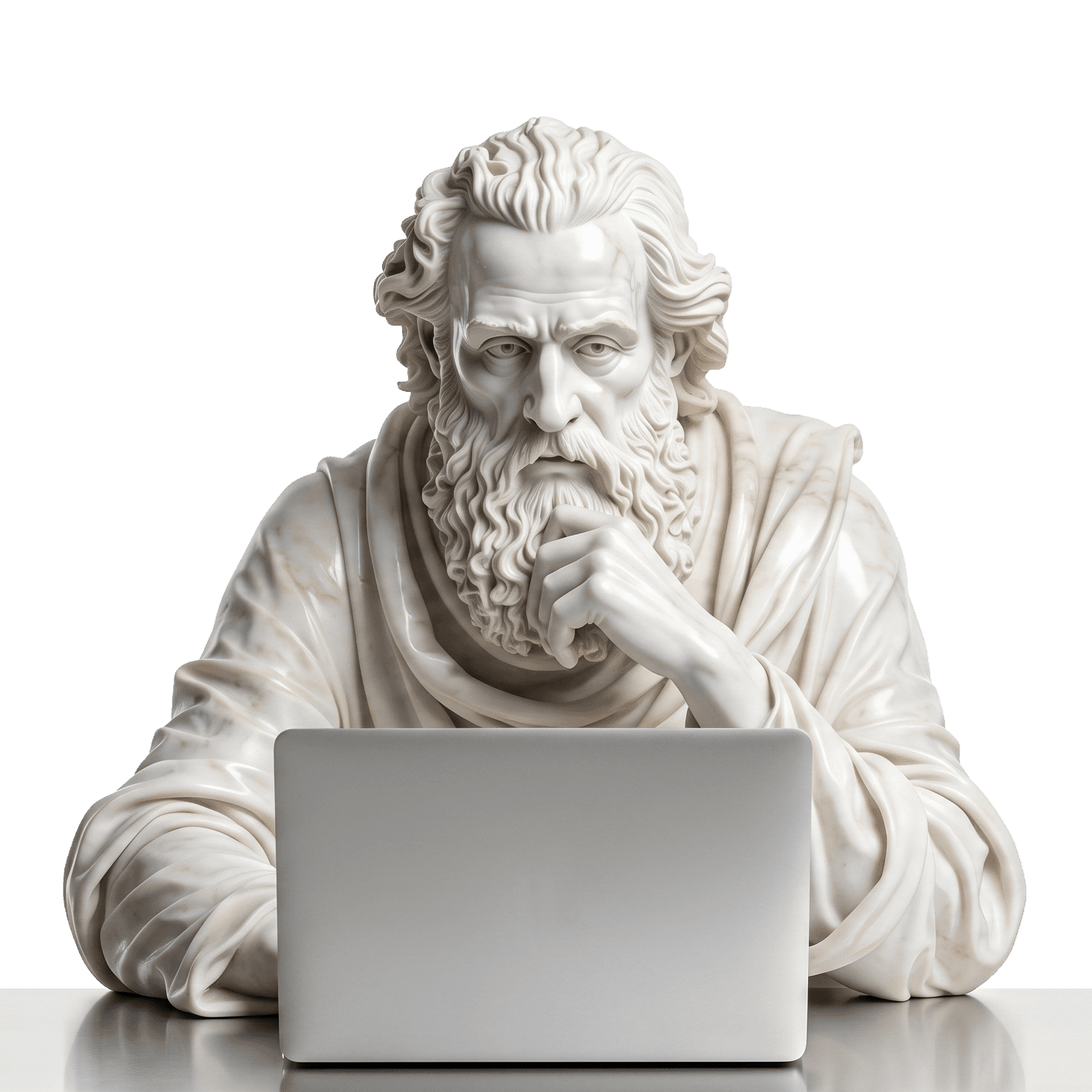 SEO Thinking Philosopher Statue with Laptop